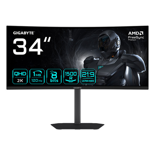 Image of GIGABYTE GS34WQCA Monitor Gaming Curvo 34'' WQHD – 3440 x 1440, 1500R, 120Hz, 1ms, 300 cd/m², FreeSync Premium, HDR Ready, HDMI 2.0, DisplayPort 1.4