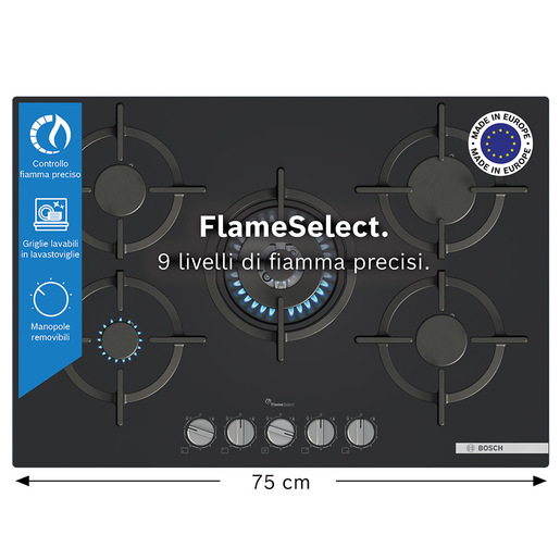 Image of Bosch Serie 6 PPQ7A6I10 Piano cottura a gas 75 cm 5 fuochi Vetro Nero