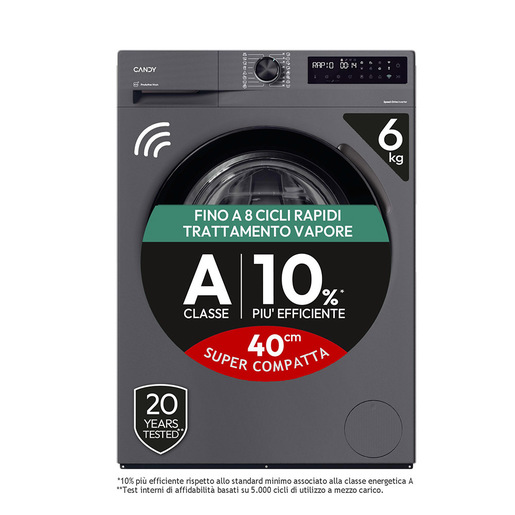 Image of Candy ProWash 500, Lavatrice Compatta 6 KG, 10% più efficente della classe A, 1200 giri, Antracite, Inverter, Vapore, Wi-Fi, Smart Wash, BR 26SSB6G-S