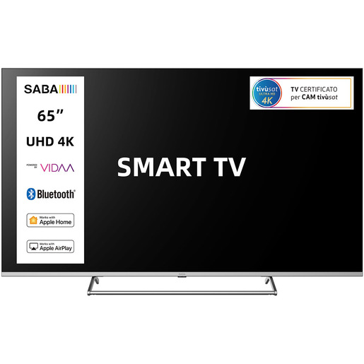 SABA SMART TV 65'' ULTRA HD 4K, Sistema operativo VIDAA, Triplo ter DVBT2/C/S2 HEVC MAIN10, Certificato TivuSAT, Piedistallo centrale, Dolby Audio