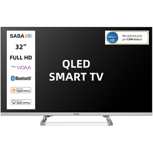SABA SA32QM10VDA SMART TV QLED 32'' FULL HD, Sistema operativo VIDAA, Triplo tuner DVBT2/C/S2 HEVC MAIN10, Certificato TivuSAT, Piedistallo centrale, Dol