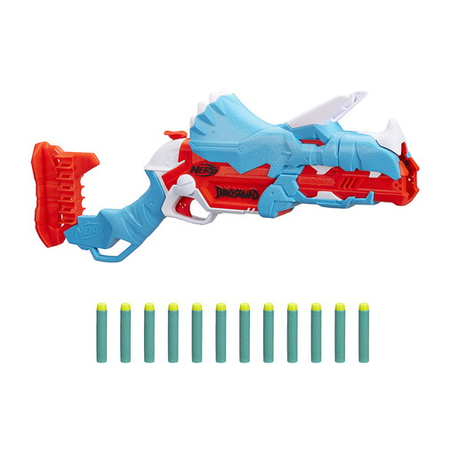 Image of Nerf DinoSquad - Tricera-blast (blaster con alloggiamento per caricamento di 3 dardi, con supporto dardi e design dinosauro Triceratopo, include 12 da