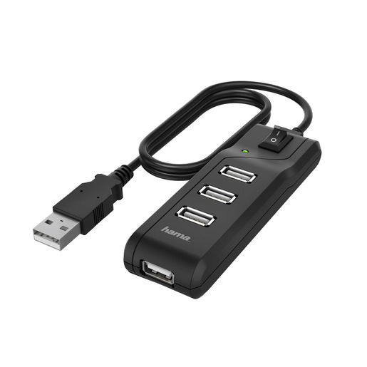 Image of Hama Hub USB 2.0 da tavolo, 4 porte, switch ON/OFF, cavo integrato, nero