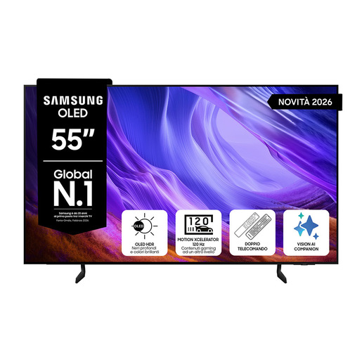 Samsung OLED AI TV 55'' QE55S85HAEXZT 4K, Processore NQ4 AI Gen2, 4K AI Upscaling, Schermo antiriflesso, OLED HDR, Motion Xcelerator 120Hz, Dolby Atmos &