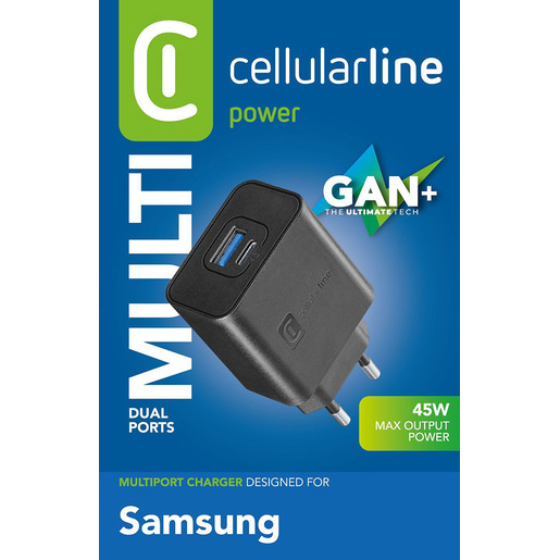 Image of Cellularline Dual Super Fast Charger 45W - Samsung Caricabatterie da rete 2 porte USB e USB-C con tecnologia Super Fast Charging 45W