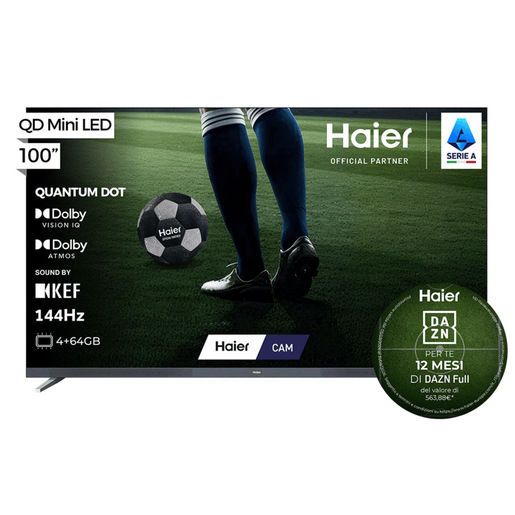 Haier Smart TV QD-Mini LED 100'' H100M96FUX, 4K, UltraSense AI, Dolby Atmos, Google TV, Dolby Vision IQ, Audio 5.1.2 Sound by KEF 90W, 144Hz, Gaming fino