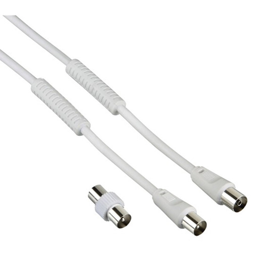 Hama Cavo antenna M/F con adattatore M/M, 5 metri, 85 dB, ferrite, bianco