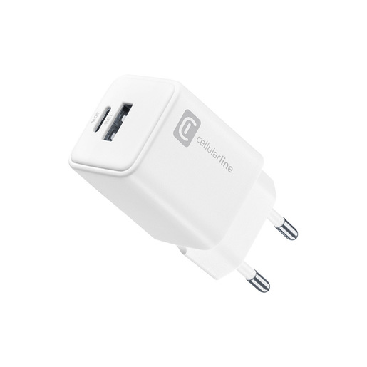 Cellularline Multipower Dual Port 30W - Smartphone, tablet e laptop Caricabatteria da rete 30W con 2 porte USB + USB-C