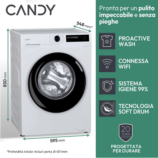 Candy ProWash 500, Lavatrice Carica Frontale 10 KG, 20% più efficente della classe A, 1400 giri, Bianco, Inverter, Vapore, Wi-Fi, Smart Wash, BR 410B8-S