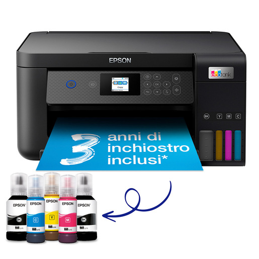 Image of Epson EcoTank ET-2850 stampante multifunzione inkjet 3-in-1 A4, serbatoi ricaricabili alta capacità, 5 flaconi inclusi pari a 14000pag B/N 5200pag col