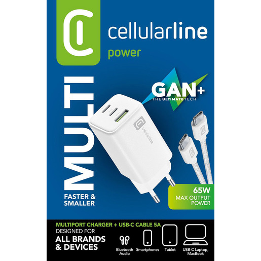 Cellularline Multipower 65W Kit - Smartphone, tablet e laptop Caricabatterie da rete 65W con cavo USB-C to USB-C incluso