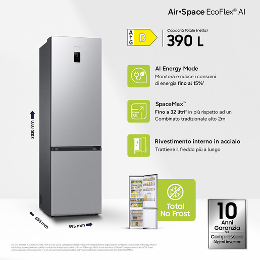 Image of Samsung Frigorifero Combinato EcoFlex AI 2m 390L RB38C774DSA