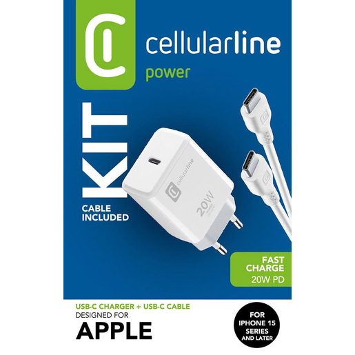Image of Cellularline Charger Kit 20W - For iPhone 15 Series Charger Kit 20W For iPhone 15 Series formato da un caricabatteria USB-C 20W + un cavo USB-C