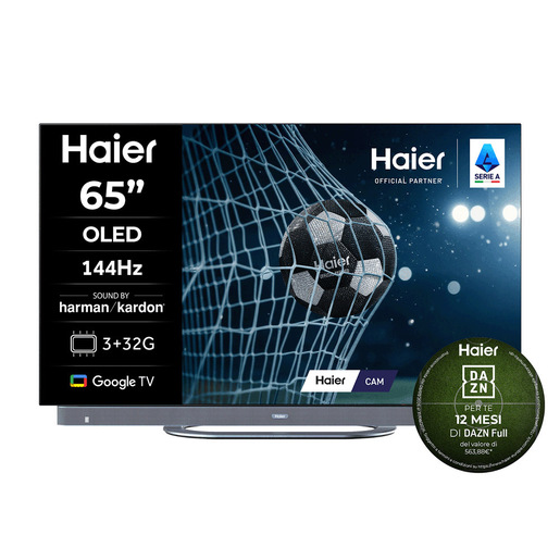 Haier Smart TV OLED 65'' H65C95EUX, 4K UHD, Google TV, Dolby Vision IQ, HDR10+, Gaming fino a 144Hz, Dolby Atmos, Soundbar by Harman Kardon, Telecomando