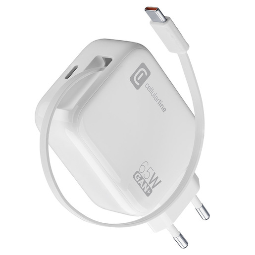 Image of Cellularline Retractable Power 65W Caricabatterie da rete 65W con cavo retrattile USB-C e porta USB-C
