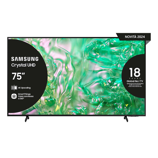 Samsung TV Crystal UHD 4K 75'' UE75DU8070UXZT Smart TV Wi-Fi Black 2024, Processore Crystal 4K, 4K Upscaling, AirSlim Design, OTS Lite