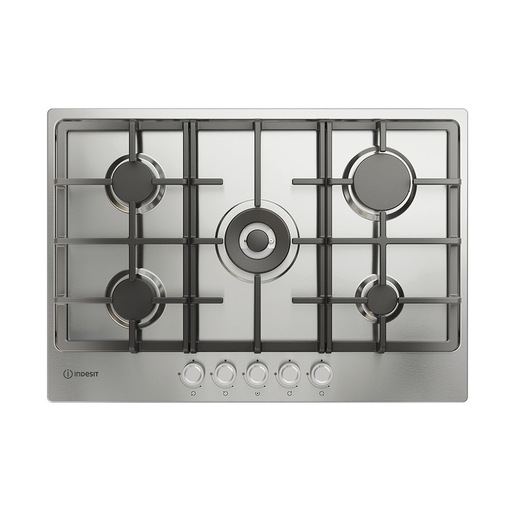Image of Indesit THP 751 W/IX/I IT 1 piano gas inox 75cm 5 fuochi bruciatore doppia corona griglie in ghisa lavabili in lavastoviglie