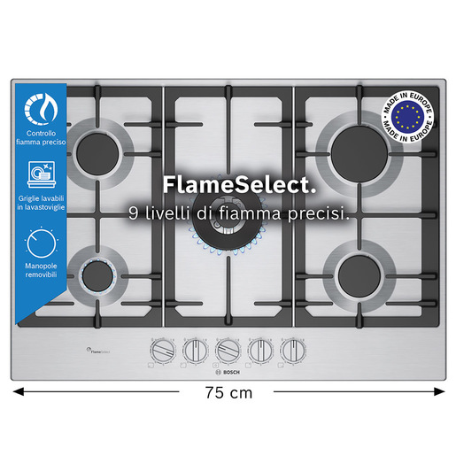 Bosch Serie 6 PCQ7A5I90 Piano cottura a gas 75 cm 5 fuochi Acciaio Inox