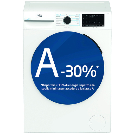 Beko b300 BMW89DB 8kg, Classe A-30%, Bianco, Motore Inverter 1400 giri, Display touch, Porta nera, EnergySpin™, Vapore