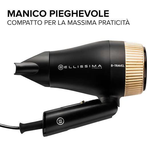 Image of Bellissima Imetec B-Travel Asciugacapelli da viaggio, portatile e compatto, 1400 W, manico pieghevole, doppio voltaggio, concentratore di precisione, 2 c