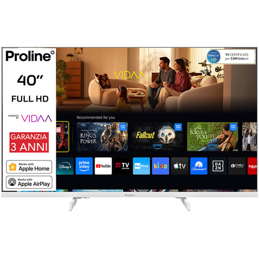 Proline PRO40WVDA SMART TV Bianco 40'' FULL HD, Sistema operativo VIDAA, Triplo tuner DVBT2/C/S2, Certificato TivuSAT, Piedini installabili in doppia pos