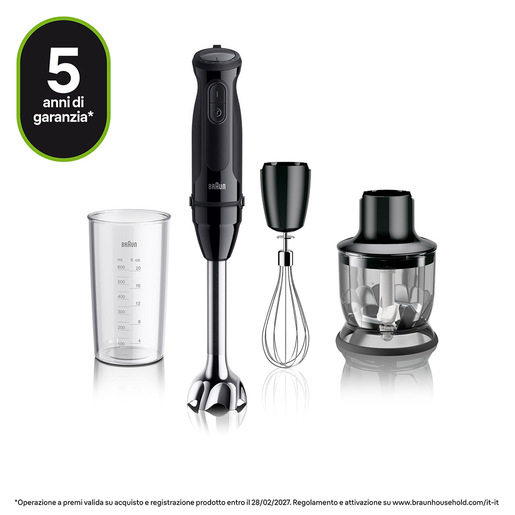 Braun MultiQuick 5 - Minipimer, Frullatore a immersione, con Tritatutto, 1000W, Nero (MQ.50202M)