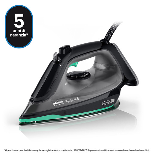 Braun TexStyle 5 - Ferro da stiro a vapore, Manico aperto ergonomico, FreeGlide3D, 2700W, 300ml, Nero/Verde (SI5277GR)