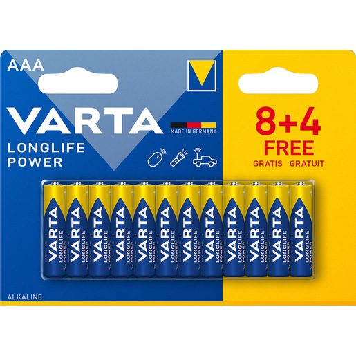 Image of Varta Longlife Power, Batteria Alcalina, AAA, Micro, LR03, 1.5V, Blister da 8+4, Made in Germany