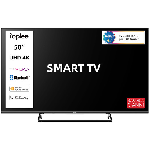 IOPLEE SMART TV 50'' UHD 4K, Sistema operativo VIDAA, Triplo tuner DVBT2/C/S2, Certificato TivuSAT, Piedistallo centrale in metallo, Dolby Audio, Parenta