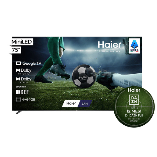 Haier Smart TV QLED Mini LED Ultra 75'' H75M92FUX, 4K, UltraSense AI, Google TV, Ultra Crystal-Black, Dolby Vision IQ, Sound by KEF, 144Hz, HDMI 2.1 x4