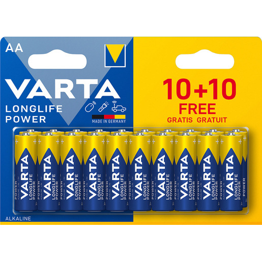 Image of Varta Longlife Power, Batteria Alcalina, AA, Mignon, LR6, 1.5V, Blister da 10+10, Made in Germany