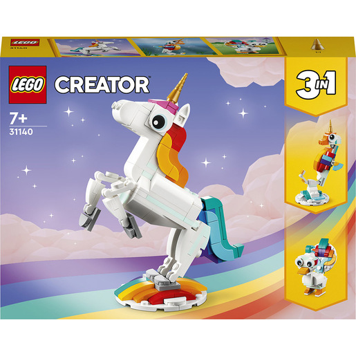 Image of LEGO Creator 31140 Unicorno Magico con Arcobaleno, Set 3 in 1 con Animali Giocattolo Fantastici, Cavalluccio Marino e Pavone