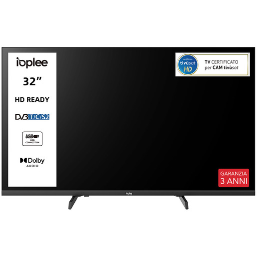 IOPLEE IOP32V2M10 TV 32'' HD, Triplo tuner DVBT2/C/S2, Certificato TivuSAT, Piedini installabili in doppia posizione stretta/larga, Dolby Audio, Parental