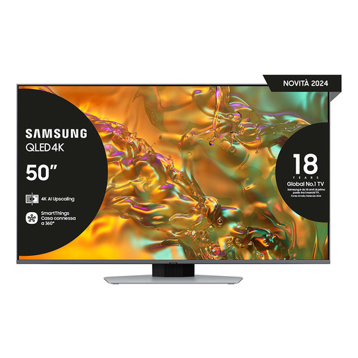Samsung Q80D TV QLED 4K 50'' QE50Q80DATXZT Smart TV Wi-Fi Eclipse Silver 2024, Processore NQ4 AI GEN2, 4K AI Upscaling, Simple Chamfer Design, Dolby