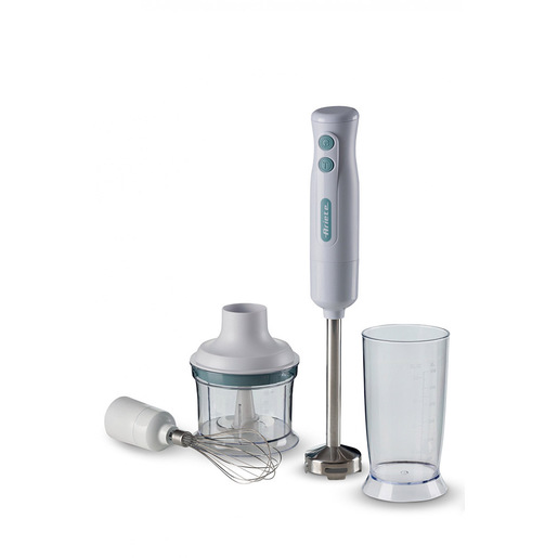 Image of Ariete 601 Frullatore a Immersione con tritatutto, 700 W, 2 velocità, Lama in acciaio inox, Gamba removibile, Bicchiere trasparente, Bianco & Celeste