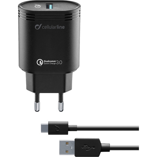 Cellularline USB Charger Kit 18W - USB-C - Huawei, Xiaomi, Wiko, Asus and other smartphone Caricabatterie da rete adattivo 18W con cavo USB-C