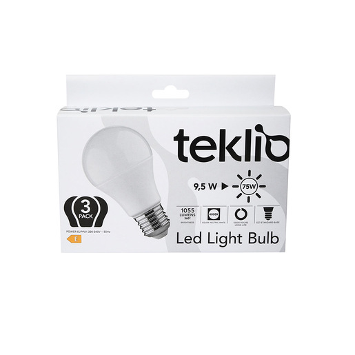 TEKLIO A60 3 Confezione 3 lampadine LED 9,5W E27 classe E