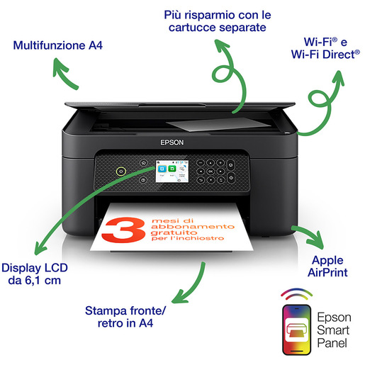 Epson Expression Home XP-4200 stampante multifunzione A4 getto d'inchiostro, stampa, copia, scansione, Display LCD 6.1cm, WiFi Direct, AirPrint, 3 mesi d
