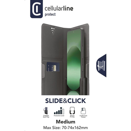Image of Cellularline Slide & Click Custodia a libro multicompatibile effetto pelle - Taglia M (Misure max telefono: 75mm X 150mm)
