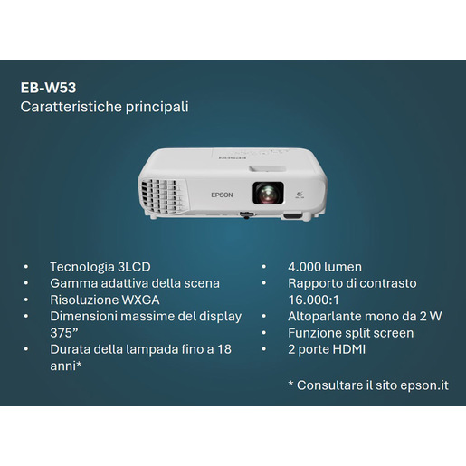 Epson EB-W53 4000 ANSI lumen 3LCD WXGA (1200x800) Bianco