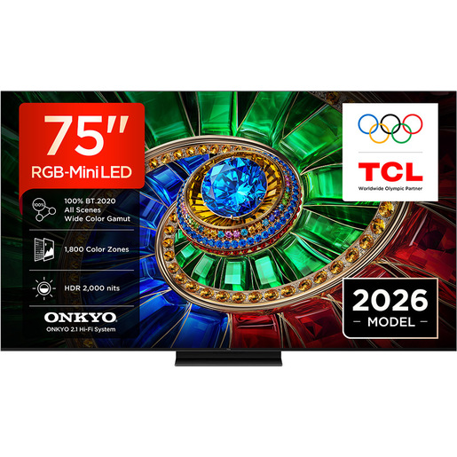 TCL RM7L 75RM7L: TV RGB‑Mini LED da 75'', 4K HDR, 2000 nit, 1.800 Precise Color Zones, Google TV, Dolby Vision IQ & Atmos, audio 2.1 Onkyo, 144Hz, Apple