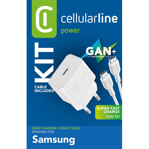 Image of Cellularline Super Fast Charger Kit 25W - USB-C to USB-C - Samsung Caricabatterie da rete Super Fast Charge PD 25W con cavo USB-C to USB-C