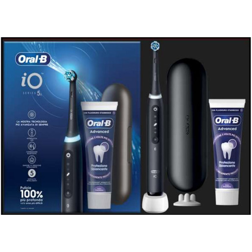 Image of Oral-B Spazzolino Elettrico Ricaricabile iO 5 Nero, 1 Spazzolino Elettrico, Supporto per testine, Custodia Da Viaggio Premium + Dentifricio Oral-B Advanc