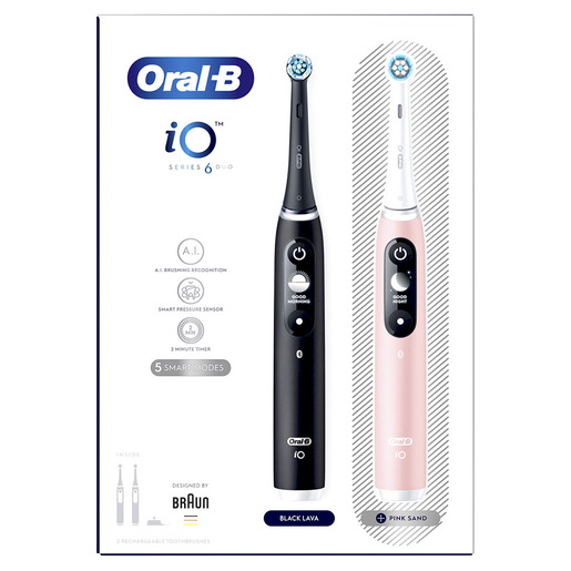 Image of Oral-B Spazzolino Elettrico Ricaricabile iO 6 Nero e Rosa, 3 Testine di Ricambio, Confezione Doppia, 2 Spazzolini