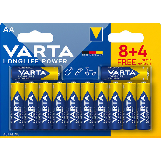 Image of Varta Longlife Power, Batteria Alcalina, AA, Mignon, LR6, 1.5V, Blister da 8+4, Made in Germany