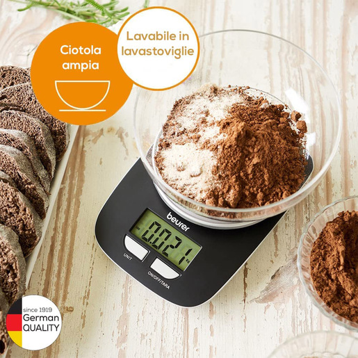 Image of Beurer Ks 25 Bilancia Digitale Da Cucina Con Ciotola, Nero, 22 x 15 x 5 Cm