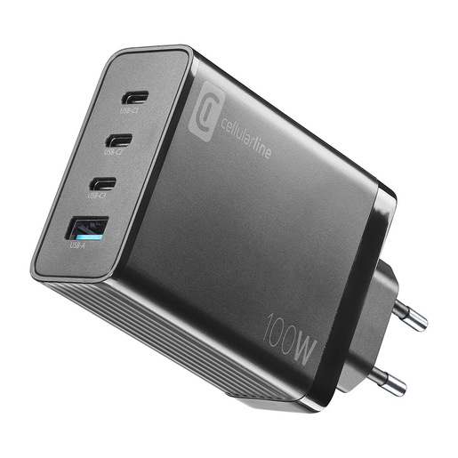 Cellularline NANO GAN 100W - Smartphone, Tablet and USB-C Laptops up to 100W Caricabatterie da rete 100W con 4 porte