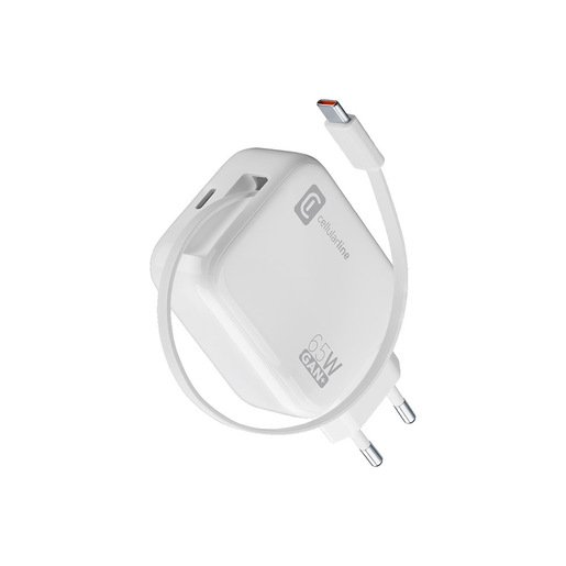 Image of Cellularline Retractable Power 65W Caricabatterie da rete 65W con cavo retrattile USB-C e porta USB-C