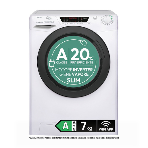 Image of Candy Ultra Hygiene, Lavatrice 7kg, 20% più efficiente della classe A, 1400 giri, Bianco, Inverter, Igiene Vapore, HES4 474TWMB8-S