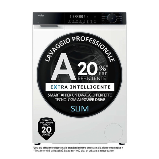 Haier X Series 5, Lavatrice Slim 9 KG, 20% più efficente della classe A, 1400 giri, Bianco, AI PowerDrive, Vapore, Wi-Fi, Smart AI, Super Fast 15', HW90-